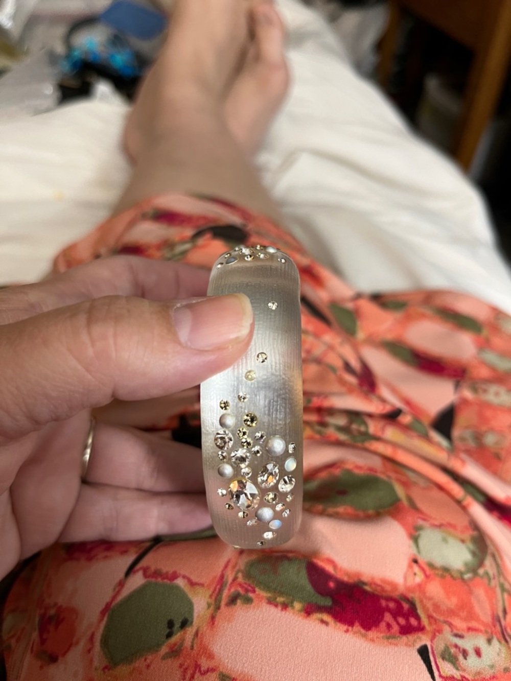 Alexis Bittar Frosted Clear Resin Bangle with Crystal and Pearl Cluster - Picture 3 of 9